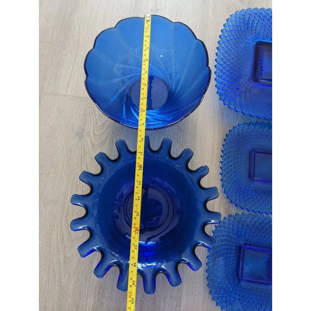 Vtg Cobalt Blue Diamond Point Hobnail Sawtooth Scallop Glass Bowl Platter Plate